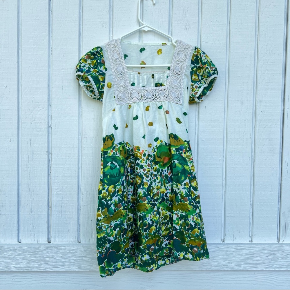 Floral Green and White Tunic w/ Back Tie and Crochet Detail.
